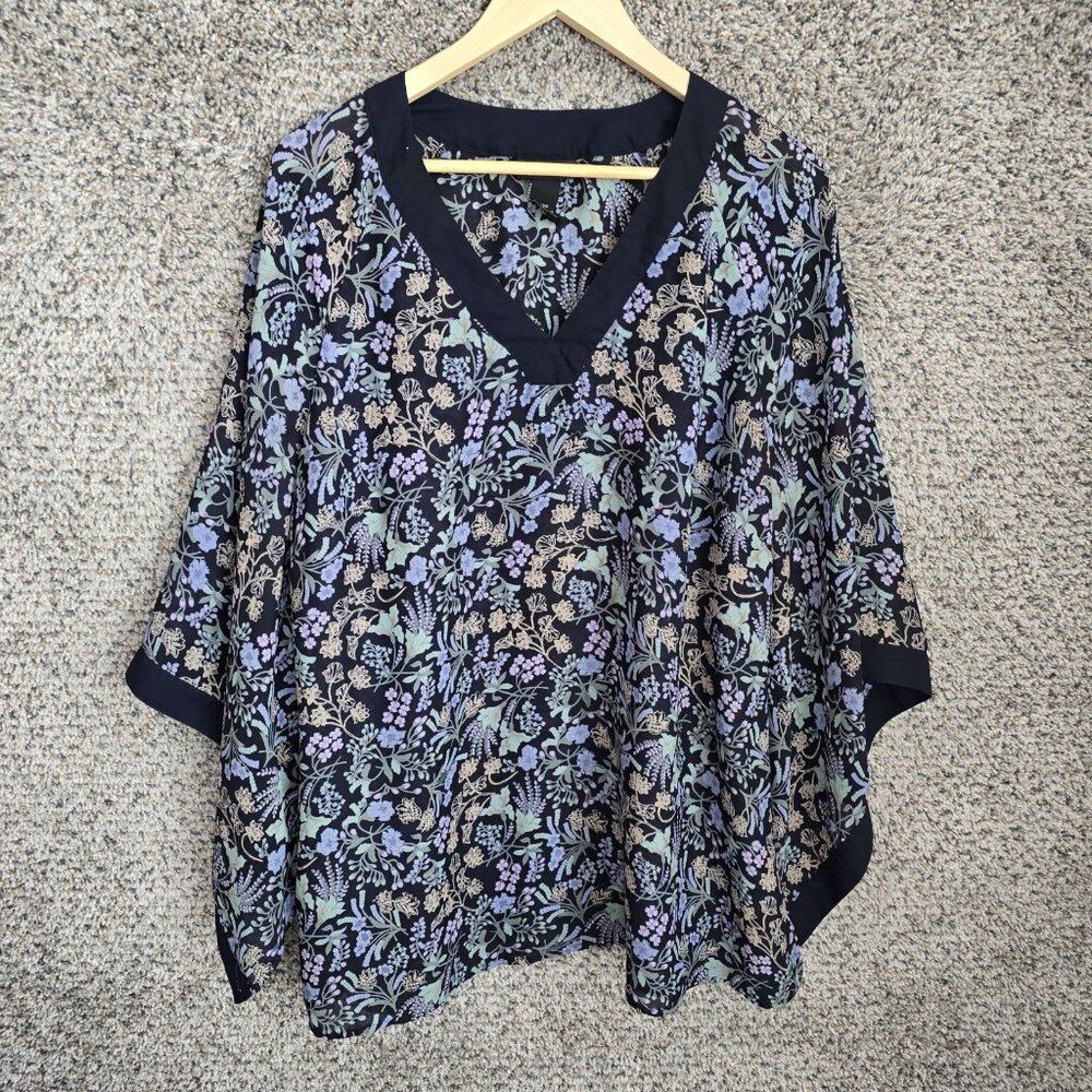 Lane Bryant Top Womens Plus Blue Floral Print V‎ Neck Blouse Sheer Polyester